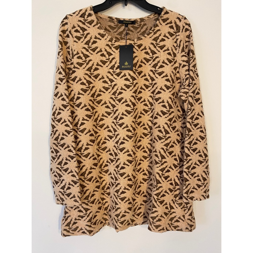 NWT Radzoli Khaki Brown Textured Geometric Long Sleeve Tunic Top XL Sheer Mesh